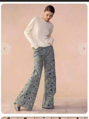 Cynthia Rowley Sage Green Floral Lace Wide-Leg Pants